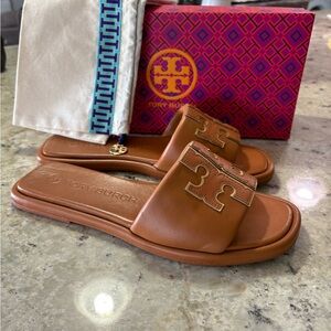Tory Burch Double T Sport Slide Nappa Leather Aged Camello Sz 7 1/2 Shoe